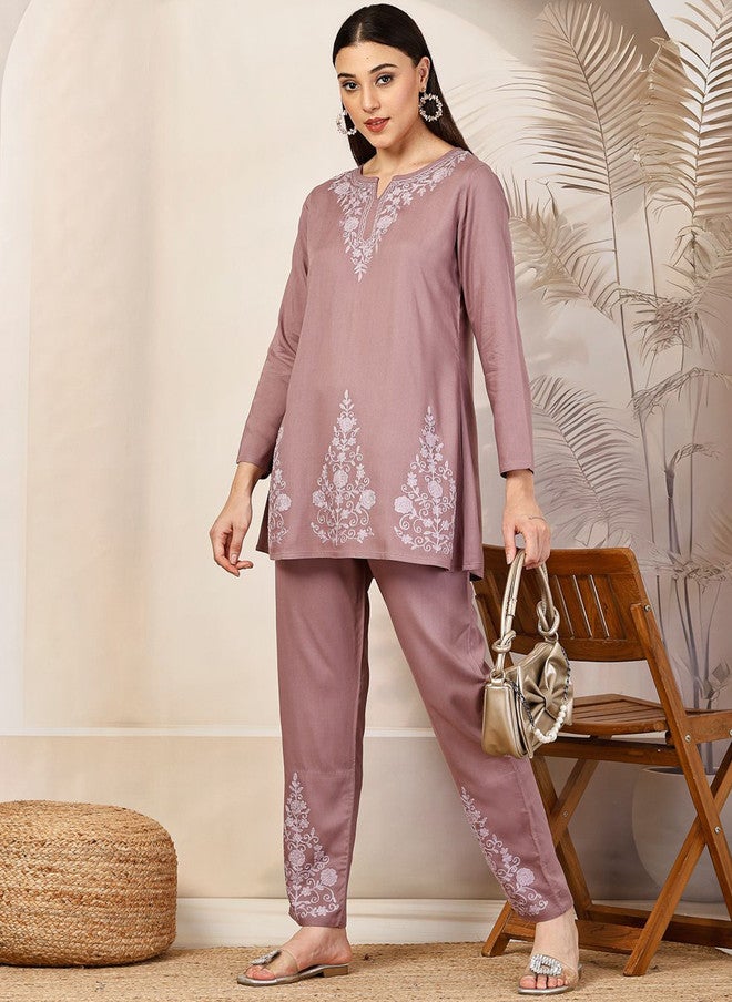 Qazmi Gulnaz Aari Work Viscose Rayon Full Sleeves A-Line CoOrd Set - Image 4